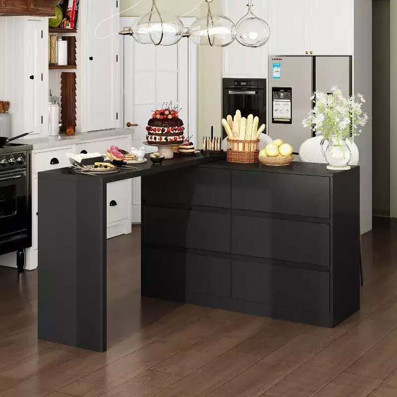 Intelligentes, drehbares/ausziehbares Buffet-Sideboard mit 6 Schubladen, erweiterter Arbeitsplatte, rutschfester Matte, drehbarem Esstisch, Kücheninsel-Vorratskammer