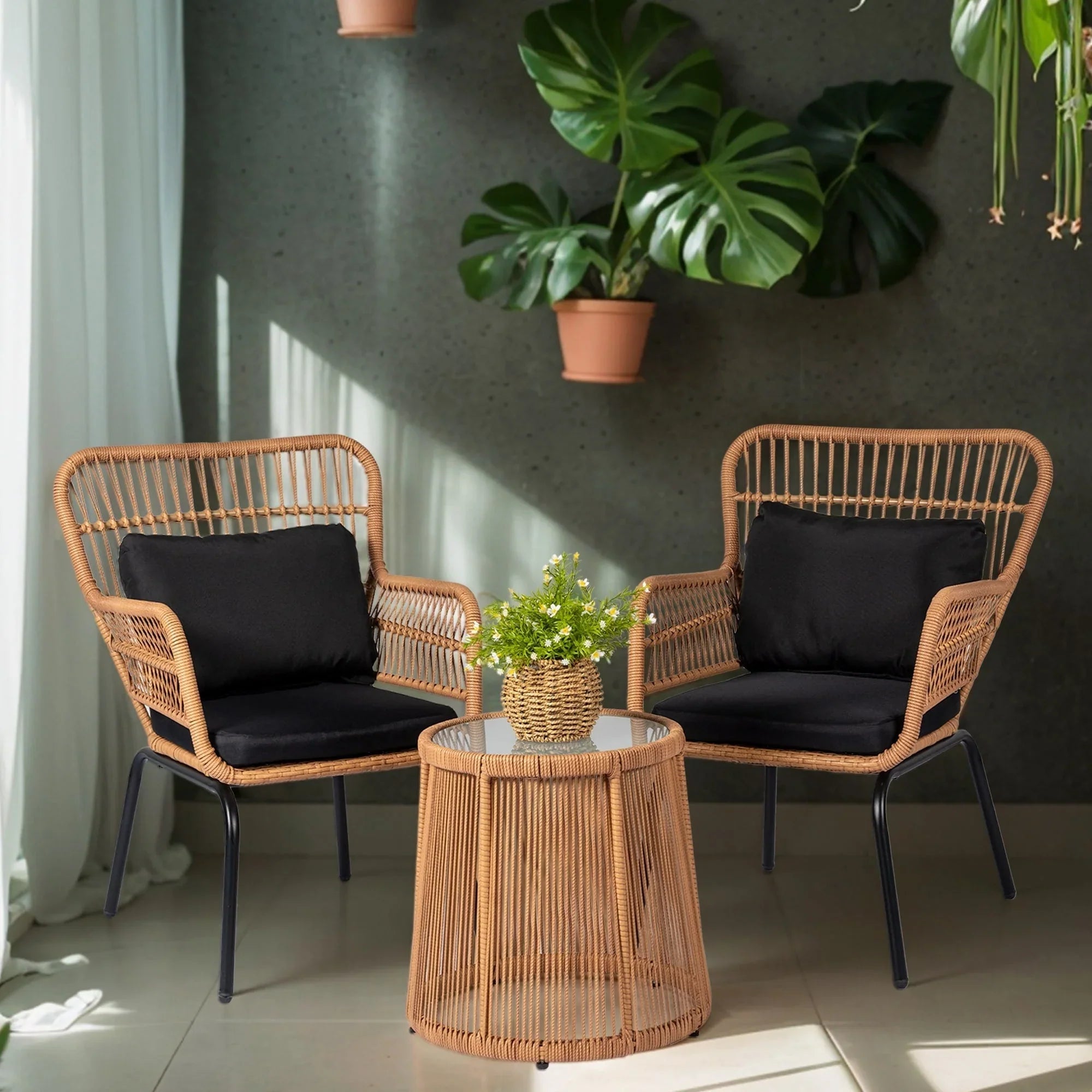 3-teiliges Outdoor-Bistro-Set aus Korbstühlen, witterungsbeständige Rattanmöbel-Sitzgruppe mit Kissen