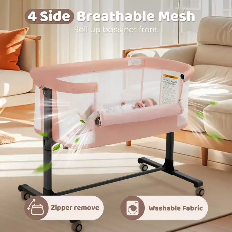 Baby-Beistellbett mit Rollen – Beige / Grau / Rosa, Bettschläfer, für 1 Baby
