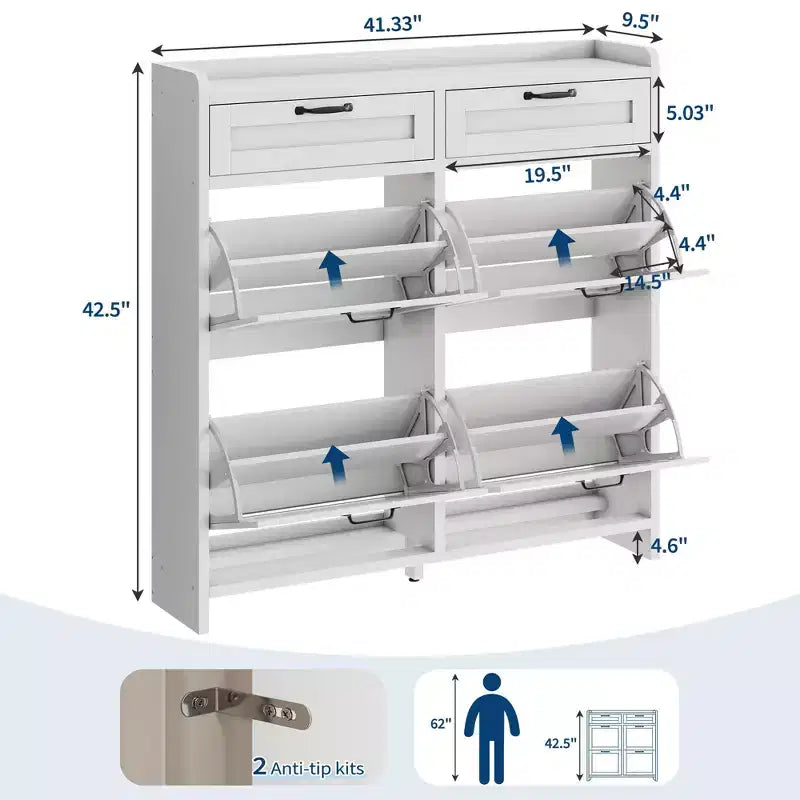 Schuhschrank mit 4 Klappfächern und 2 oberen Schubladen, Schuh-Organizer-Schrank aus Holz mit verstellbarem Regal, freistehende Schuhaufbewahrungsschränke