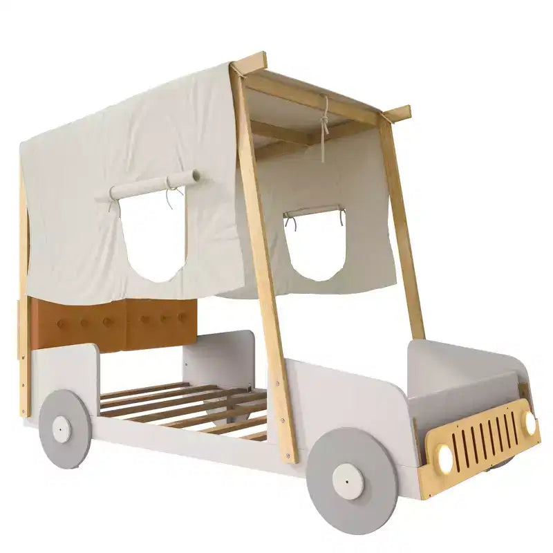 Whisen Holzbett Auto mit Kissen, Decke und LED - Natur