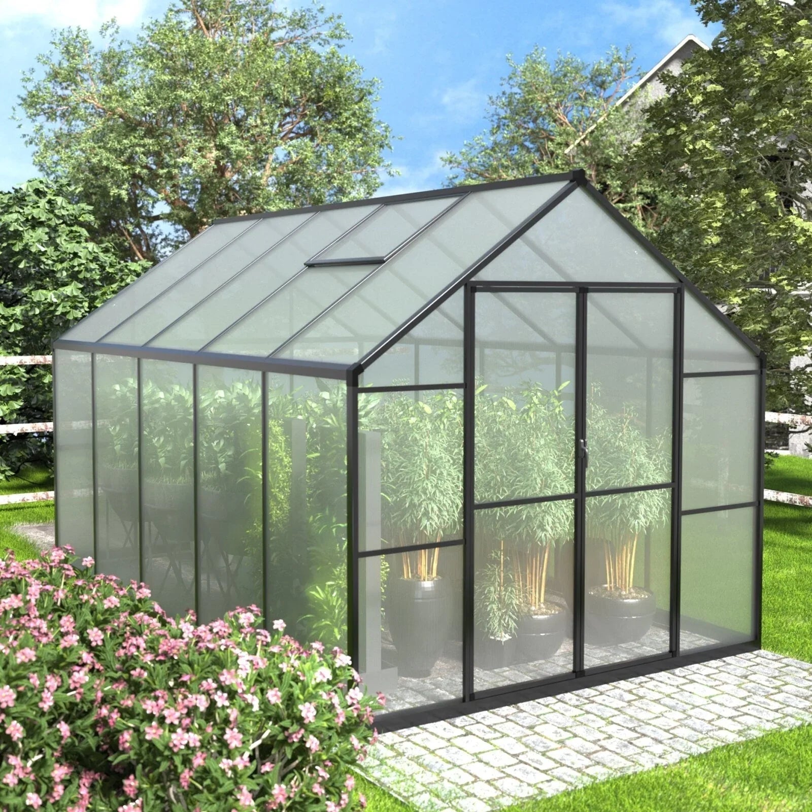 VEIKOUS Aluminium-Gewächshaus-Bausatz mit begehbarem Garten, verstellbarer Dachluke und abschließbarer Tür, Grau
