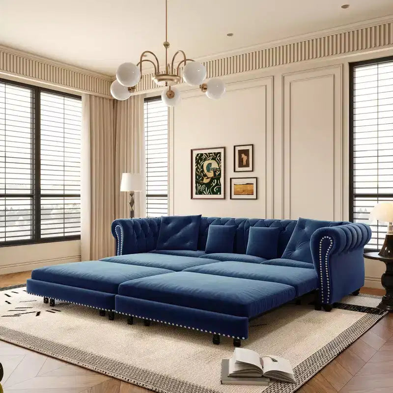 Whisen Velvet 3-in-1 Schlafsofa und wandelbares Schlafsofa im Kingsize-Format mit ausziehbarem Ottomane, getuftetem Design