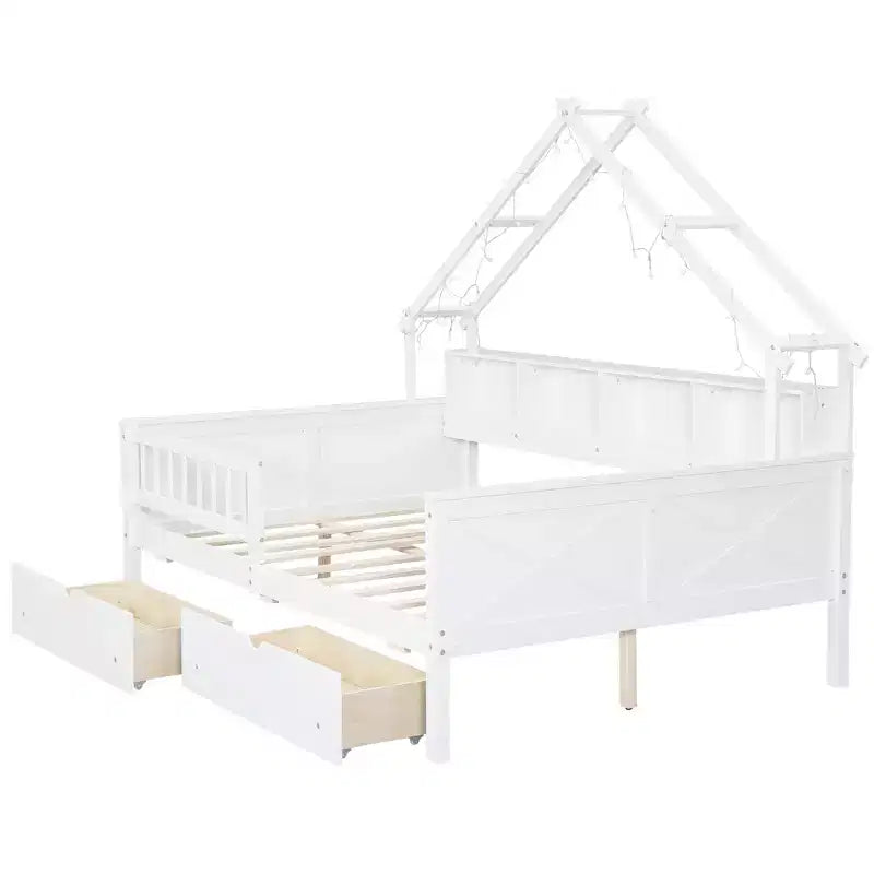 Hausbettgestell in voller Größe mit Schubladen, Haus-Plattformbett mit LED-Beleuchtung, Ablagefächern und Schubladen, Tagesbett aus Holz mit Dach und Geländer