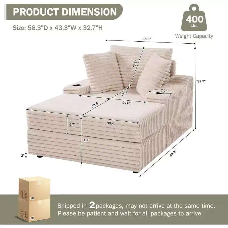 Übergroßer Chaise Lounge Sessel für den Innenbereich mit Aufbewahrungs-Ottomane, gepolstertes Cord-Schlafsofa Cloud Couch mit 3 Kissen, Einzel-Schlafsofa-Sessel