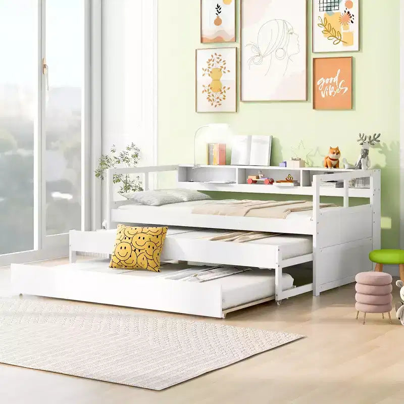 Whisen Twin XL Tagesbett aus Holz mit 2 Ausziehbetten, 3 Staufächern, 1 kostenloser Leuchte und USB-Ladefunktion