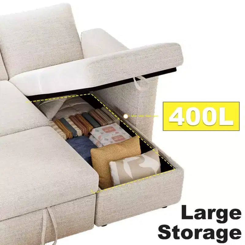 2-in-1 Schlafsofa zum Ausziehen mit Stauraum-Recamiere, Chenille-Ecksofa mit USB-Anschlüssen für das Wohnzimmer