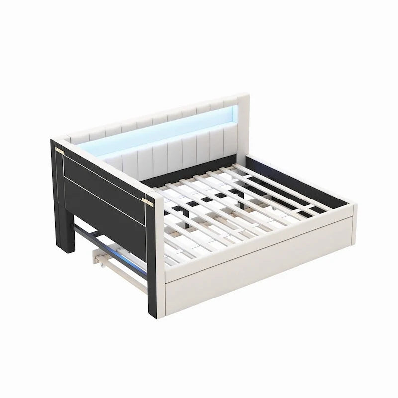 Gepolstertes Plattformbett mit USB-Anschlüssen & LED-Beleuchtung – Einzel-/Doppelbettgestell mit 2 Schubladen – Modernes Schlafzimmer