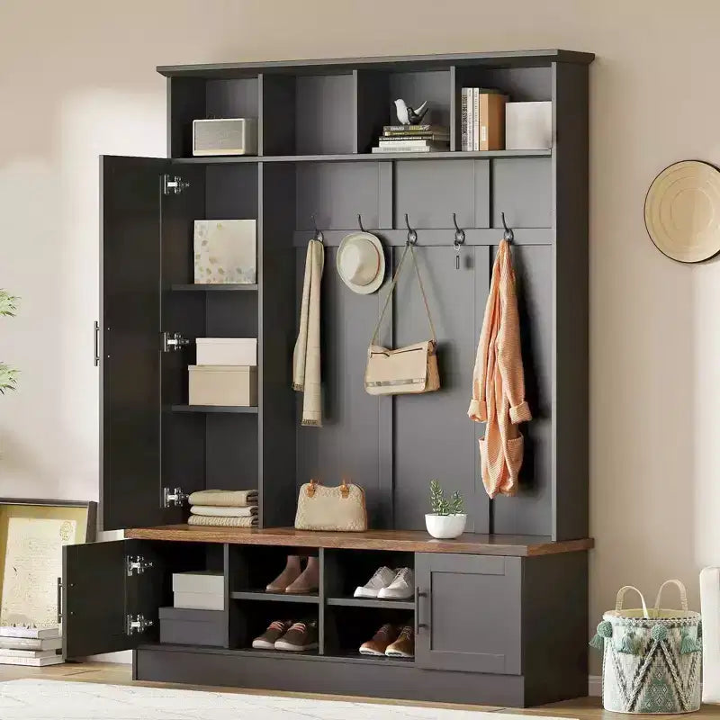 Garderobenbaum mit Schuhbank, multifunktionale Garderobe mit 6 Haken, Garderobenständer aus Holz mit Schuhaufbewahrung für Flur und Wohnzimmer