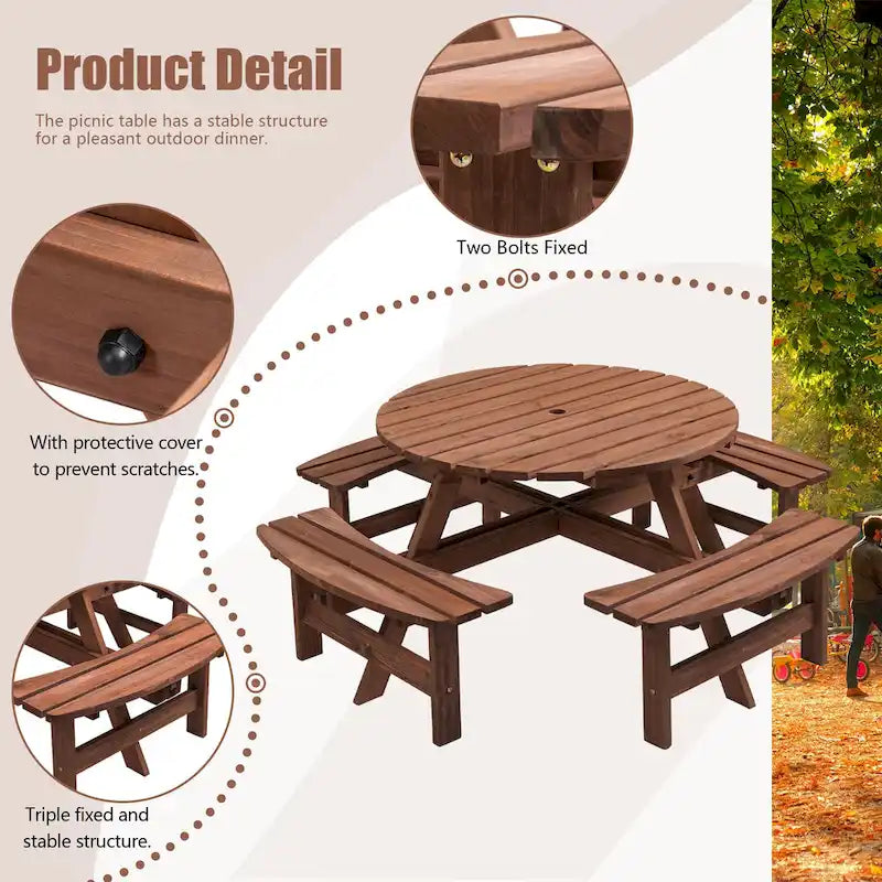8-Personen Outdoor-Picknick-Esstisch-Garnitur aus Tannenholz, rund, mit 4 integrierten Bänken und Sonnenschirmloch