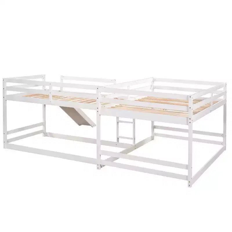 L-förmiges Etagenbett für 4 Kinder, Vierfach-Etagenbett mit Rutsche, Voll- und Twin-Holzrahmen für Schlafzimmer/Wohnheim