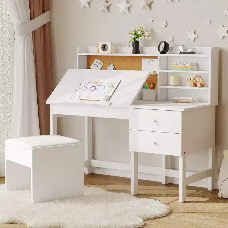 Kinder Schreibtisch und Stuhl Set, Holz Lerntisch mit verstellbarer Neigungsplatte, Schubladen & Korktafel - Schul-Lernschreibtisch Set für Kinder