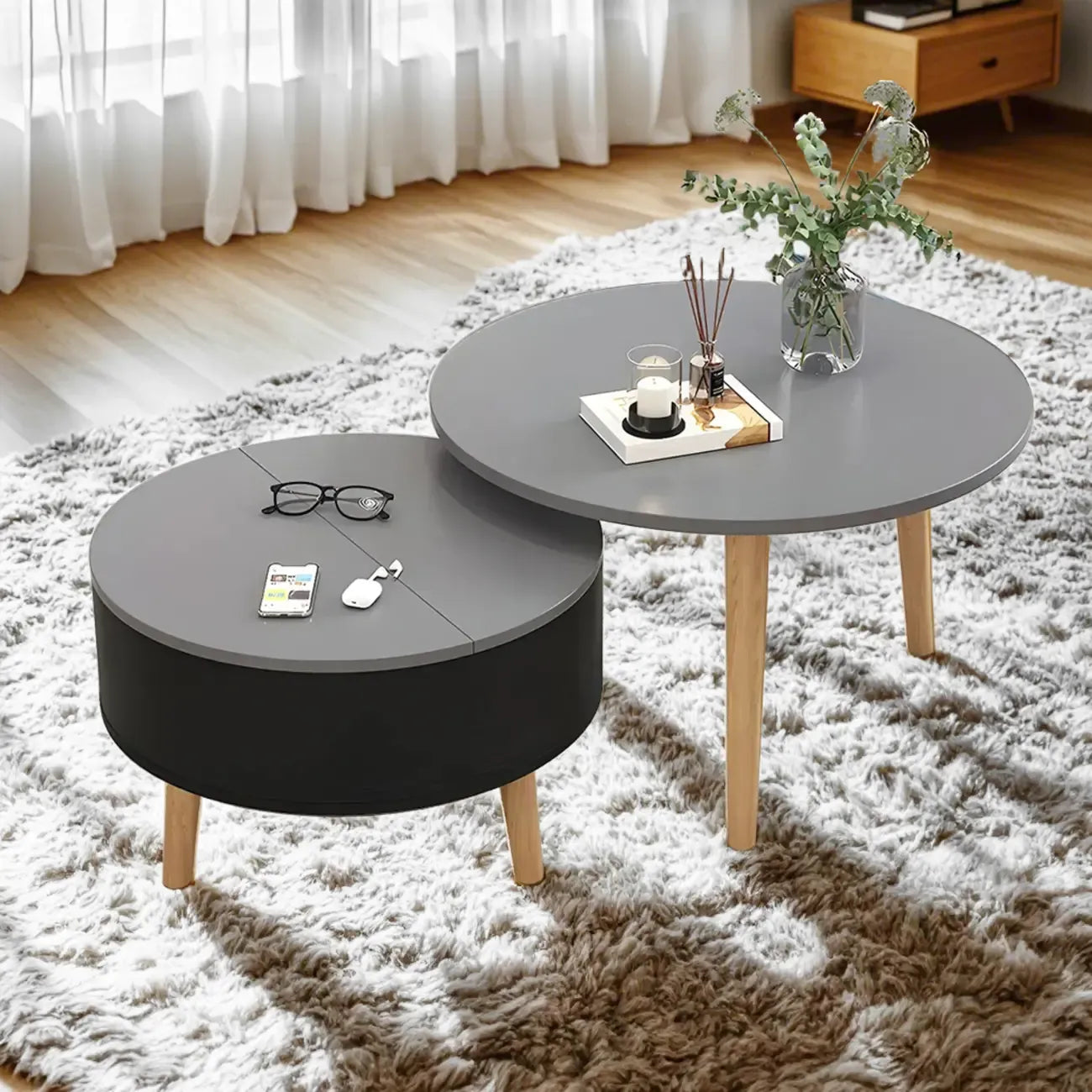 Schwarz Weiß Moderner Runder Couchtisch aus Holz mit Stauraum