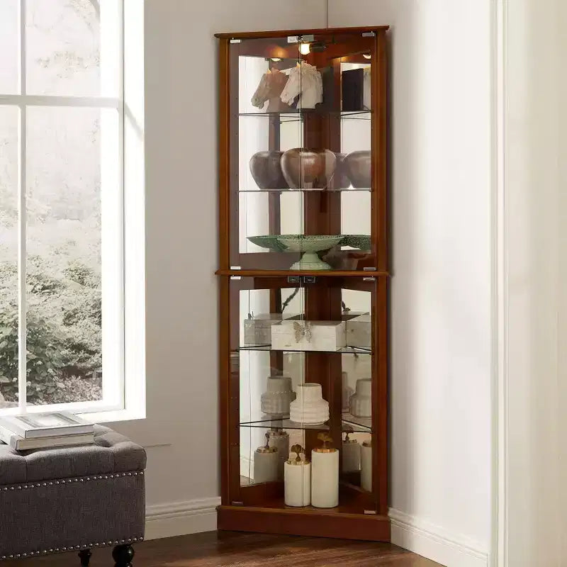 Eck-Vitrinenschrank, Kirsche/Nussbaum, 4-türige Glasvitrine