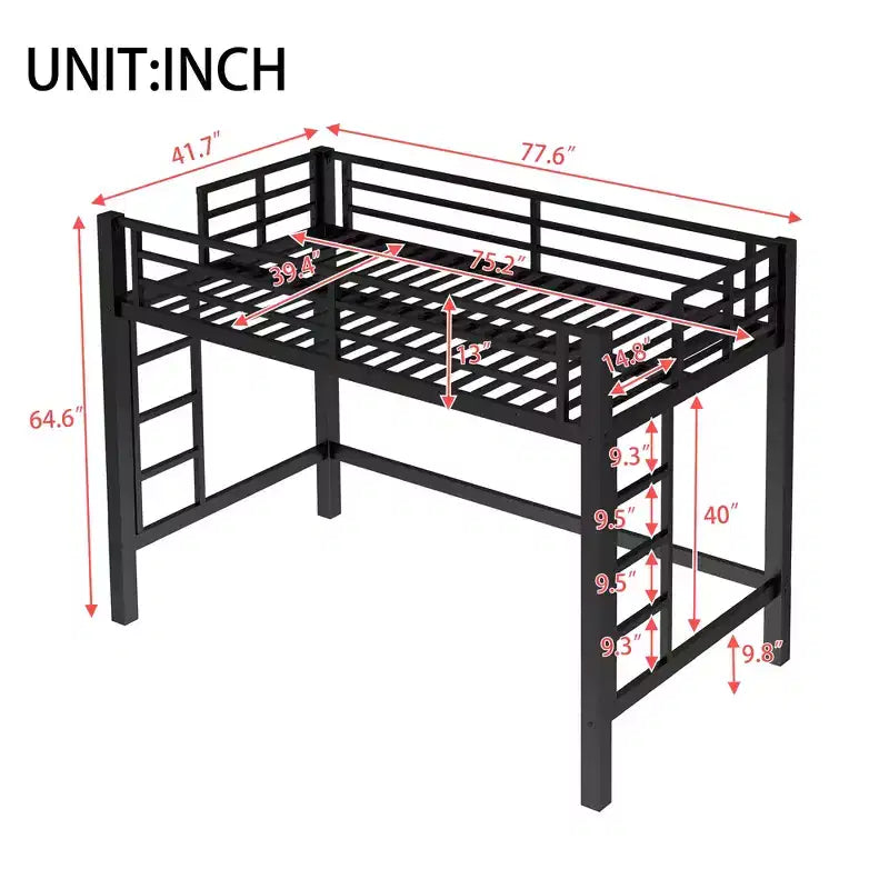 Metall-Hochbett, platzsparendes Hochbettgestell mit zwei Leitern und Schutzgittern, Schwarz – ModernLuxe