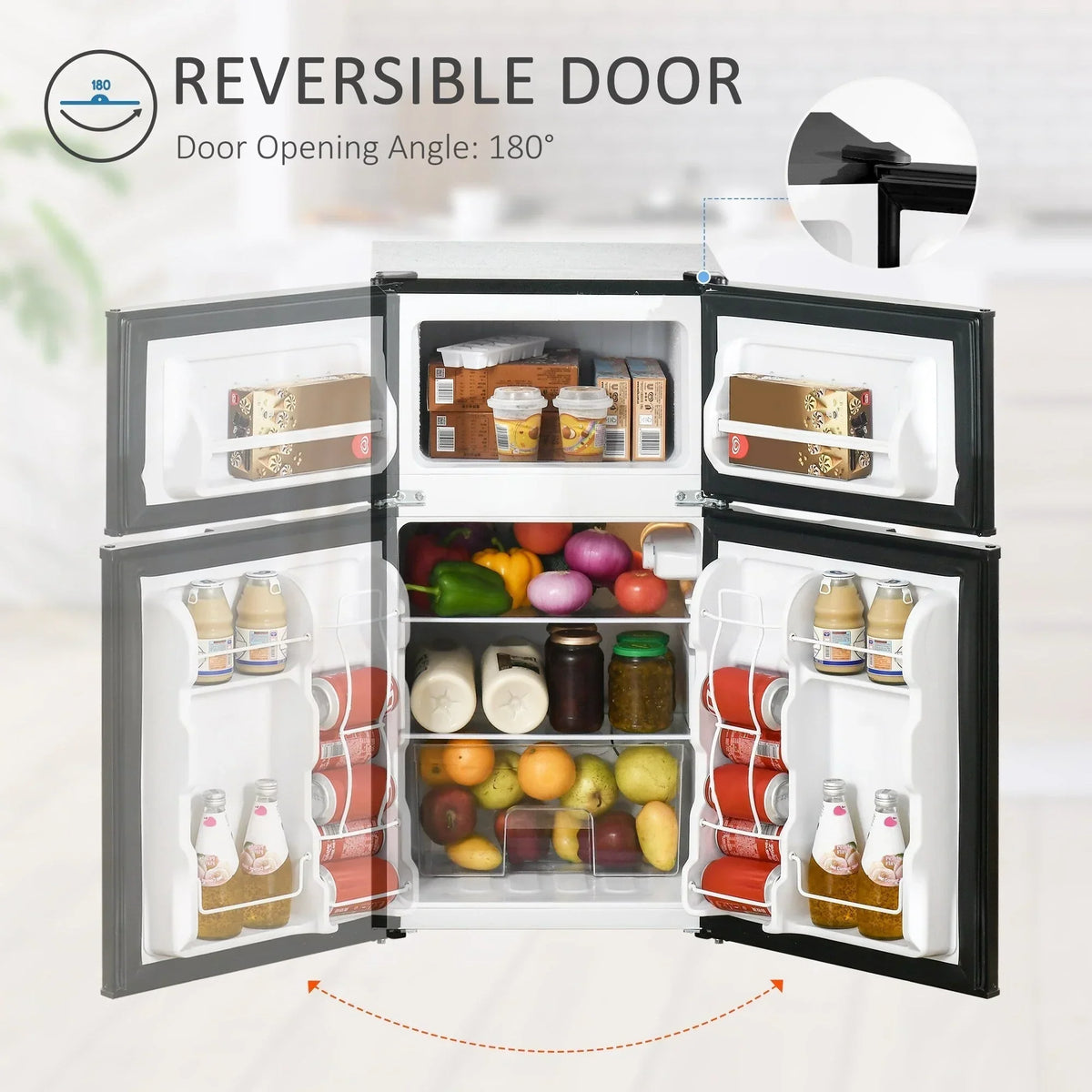 HOMCOM Doppel-Mini-Kühlschrank mit Gefrierfach, 90 L Kompaktkühlschrank mit verstellbarem Regal, einstellbares Thermostat