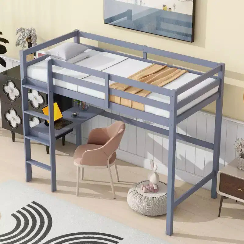 Okak Minimalism Hochbett mit Leiter, Hochbett aus Kautschukholz mit Sicherheitsgeländer und integriertem Schreibtisch, Bettrahmen für Kinder, Jugendliche