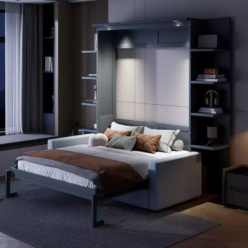 Whisen Modern Design Queen-Size Schrankbett mit Holzrahmen, Sofa und Regalen