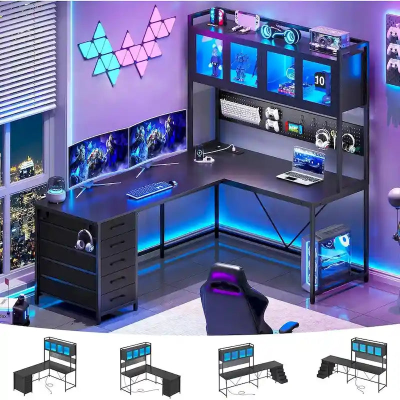 L-förmiger Gaming-Schreibtisch Computertisch Lochwand 5 Schubladen Ablageregal