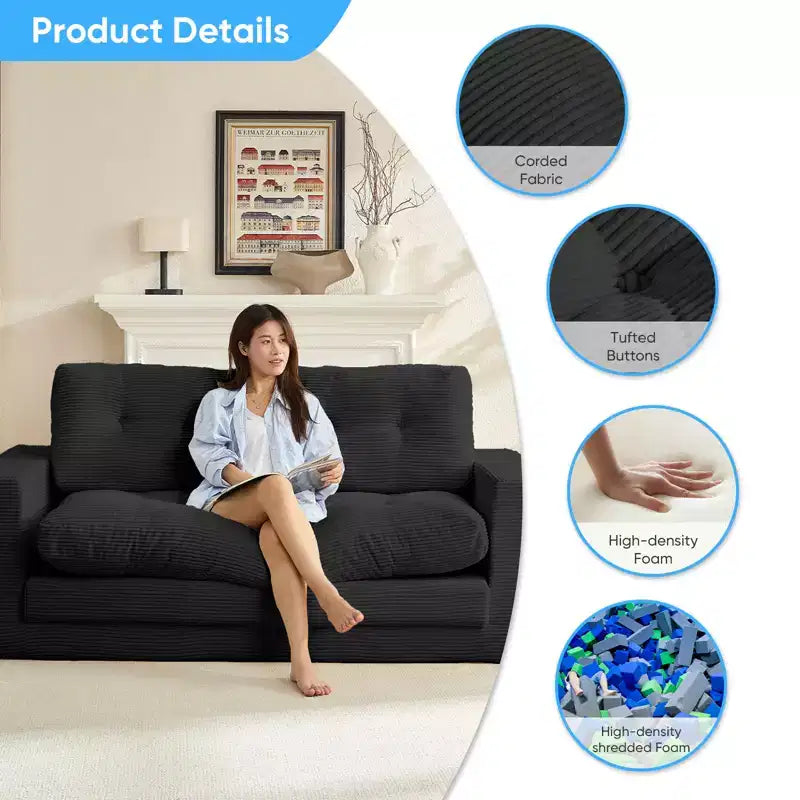Mjkone 71" 2-in-1 Schlafsofa, umwandelbar, gerippter Stoff, klappbares Zweisitzer-Schlafsofa mit geknöpften Polstern, platzsparend