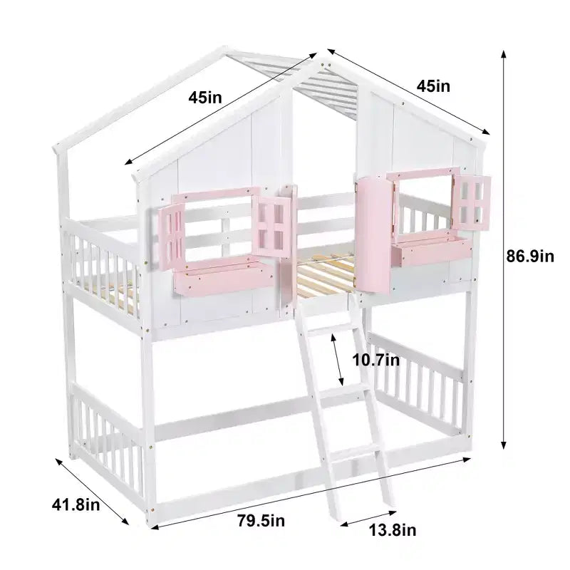 Doppel-Loftbett in Hausform, Holzspielhaus-Loftbett mit Leiter und Schutzgittern für Kinder