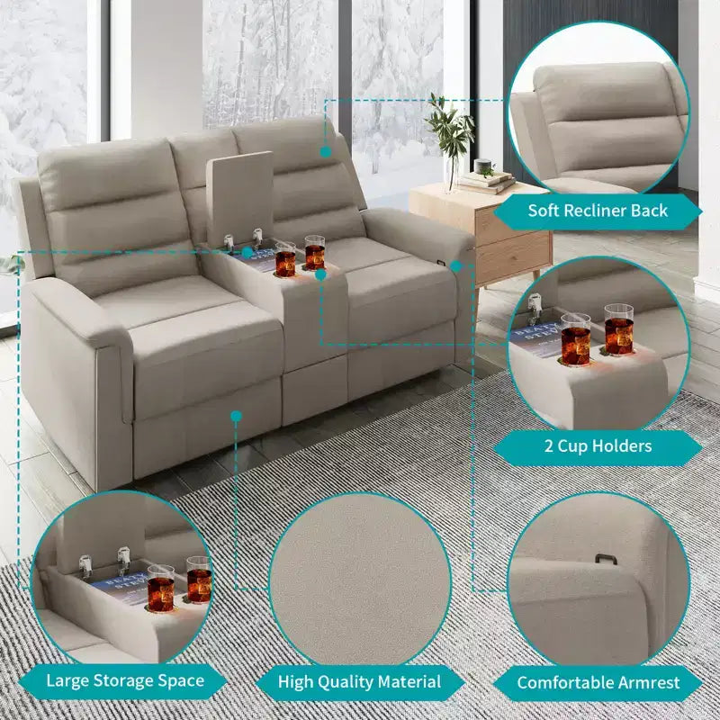 Beige/Graues 2-Sitzer Sofa mit Relaxfunktion aus Tech-Stoff, verstellbare Rückenlehne & Fußstütze