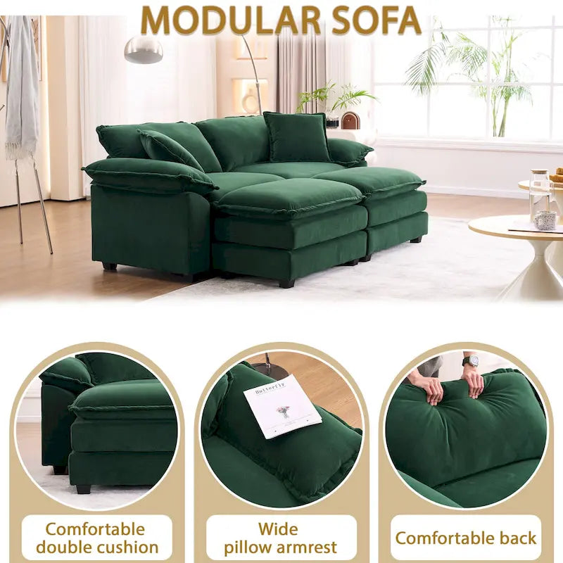 2-Sitzer-Sofa mit 2 Kissen, 2 Polstern und 2 Hockern, bequemes Sofa – Tiefes Wohnzimmersofa, Modulsofa
