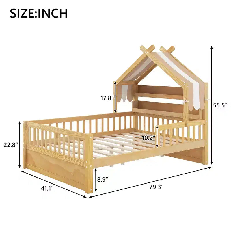 ModernLuxe Hausbett aus Holz für Zwillinge/Standardgröße mit Stauraum-Kopfteil, Kinderbettgestell aus massivem Kiefernholz mit Rausfallschutz