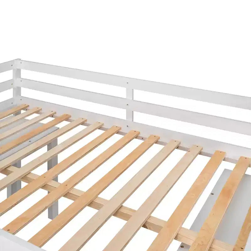 Niedriges Hochbett in voller Größe mit Rollschreibtisch, 3 Schubladen und Regalen