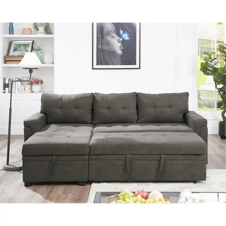 Verwandelbares, umbaubares Ecksofa mit ausziehbarem Schlafsofa, versteckter Aufbewahrung in der Récamiere und robusten Beinen