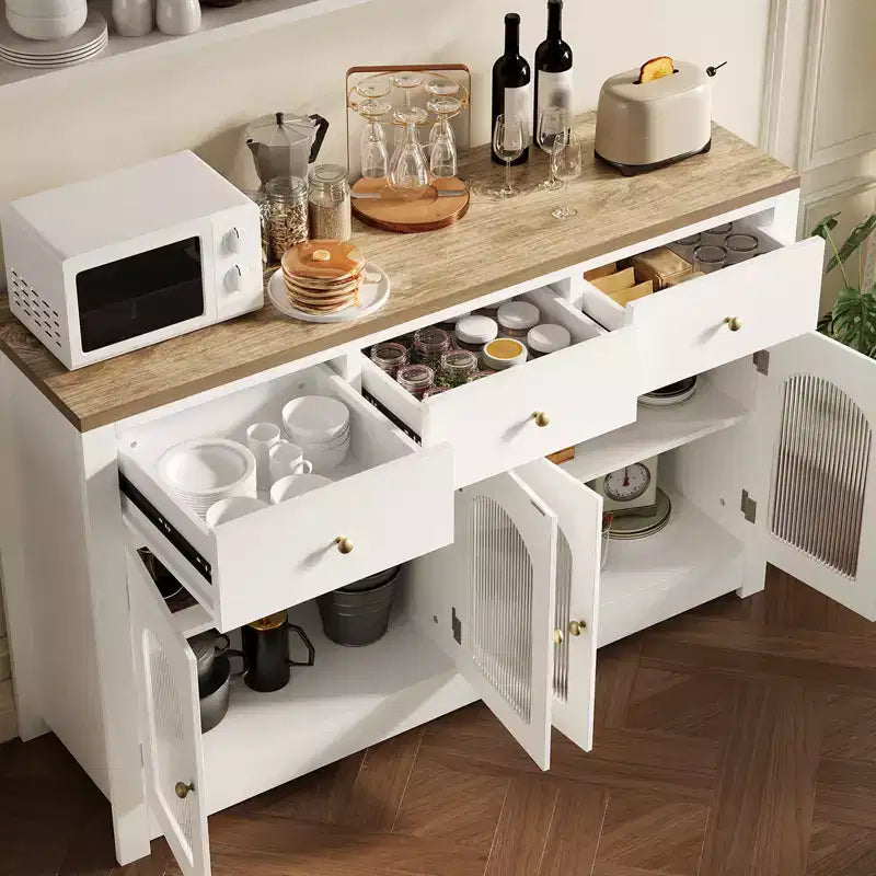 55 Zoll großer Vorratsschrank, schmales Buffet-Sideboard mit 3 Schubladen und 4 Türen für Küche, Esszimmer, Wohnzimmer