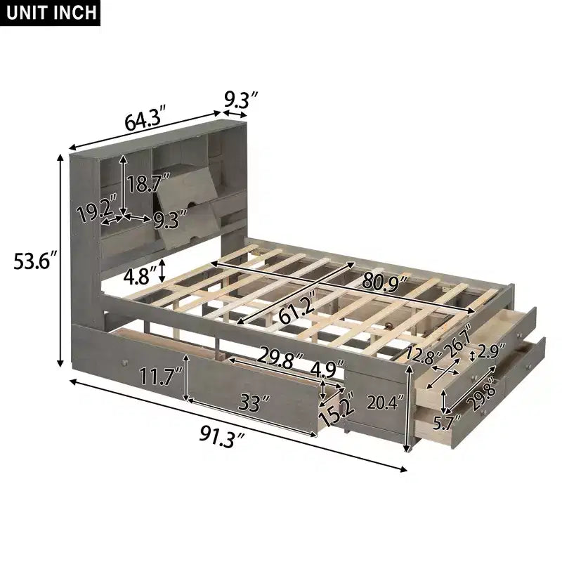 Doppelbett mit Ablagefach und 8 Schubladen, einfache Montage