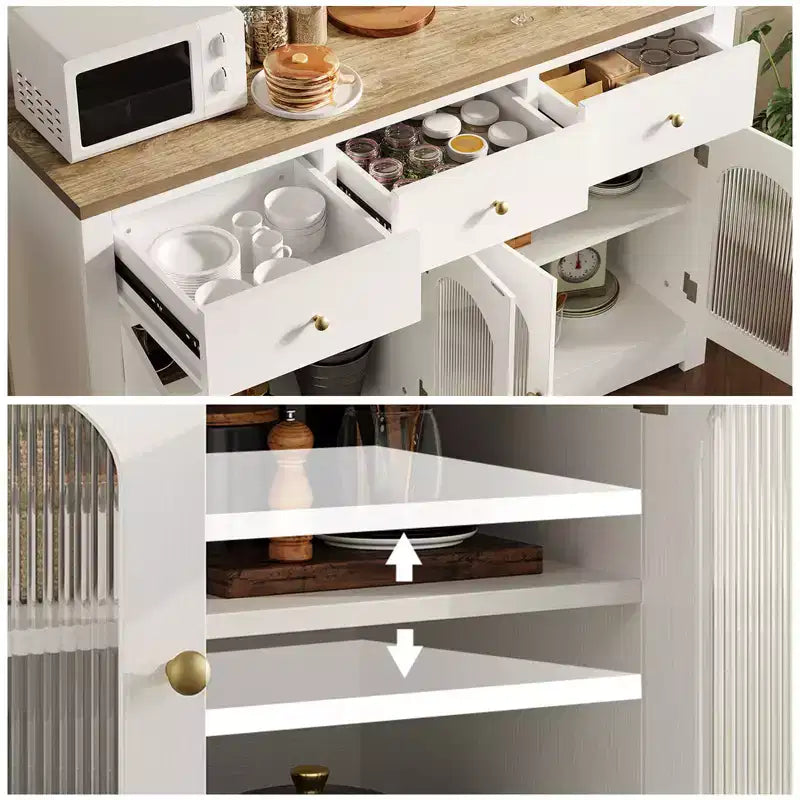 55 Zoll großer Vorratsschrank, schmales Buffet-Sideboard mit 3 Schubladen und 4 Türen für Küche, Esszimmer, Wohnzimmer