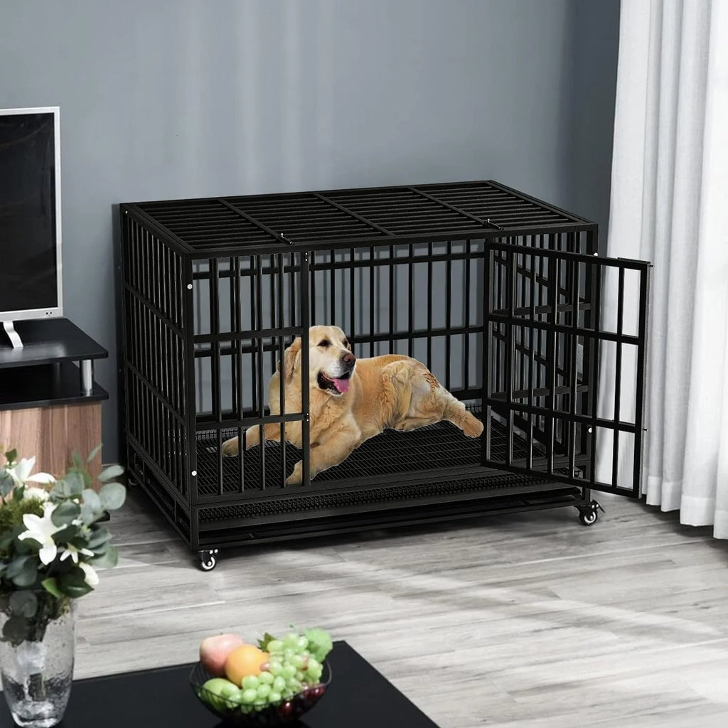 BOSSIN 48/38 Zoll Schwerlast-Hundebox, unverwüstlich, ausbruchsicher, mit feststellbaren Rollen