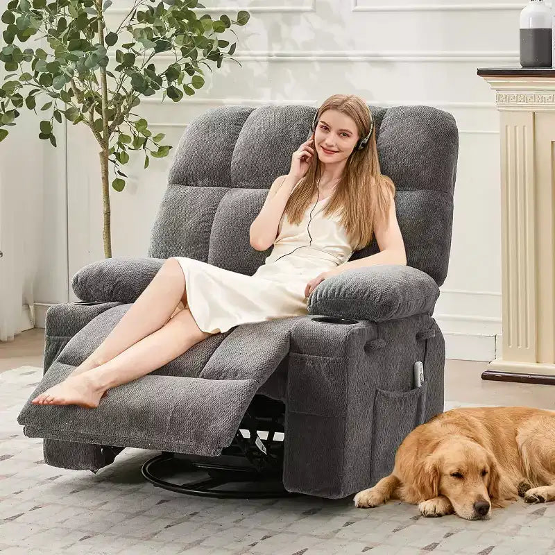 Übergroßer Relaxsessel für Erwachsene, Manueller Dreh-Schaukelsofa, Seitentaschen & Getränkehalter für Große und Schwergewichtige, Wohnzimmer