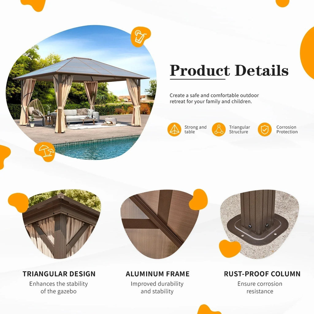 EROMMY Hardtop-Pavillon, Outdoor-Pergola mit Doppeldach & Netzen & Vorhängen, Hochleistungs-Canopy für Terrasse, Garten, Poolparty