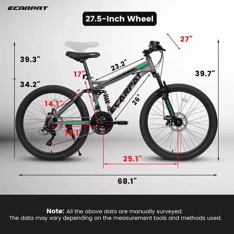 Okak 27,5 Zoll Mountainbike mit doppelter Federung vorne und hinten, 21-Gang Dirt Bike mit mechanischer Scheibenbremse, Erwachsenenfahrrad für Herren und Damen