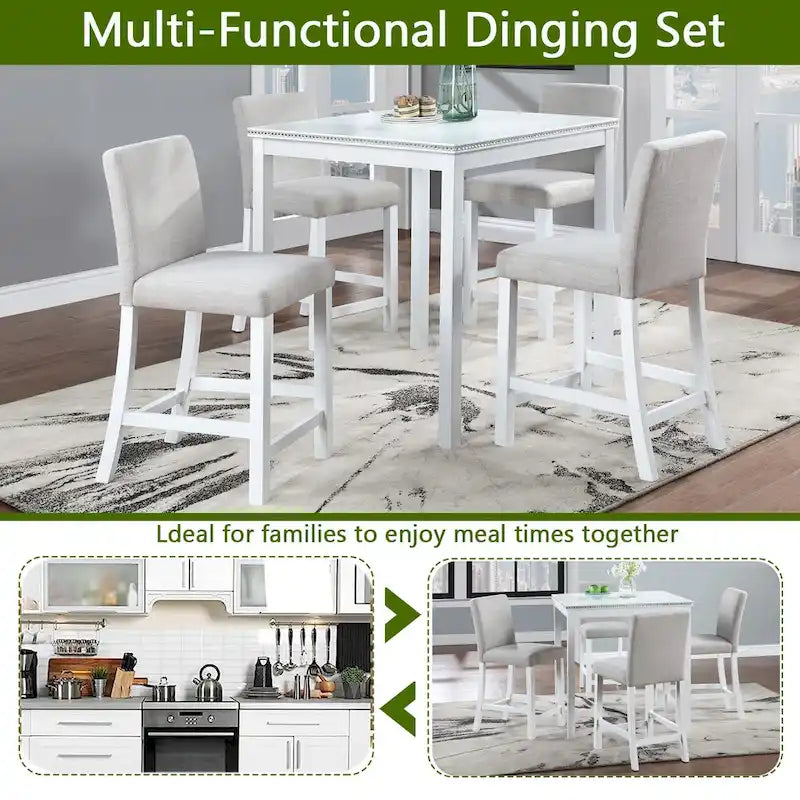 Modernes 5-teiliges Esszimmer-Set mit quadratischem Tresenhochtisch und 4 gepolsterten Stühlen