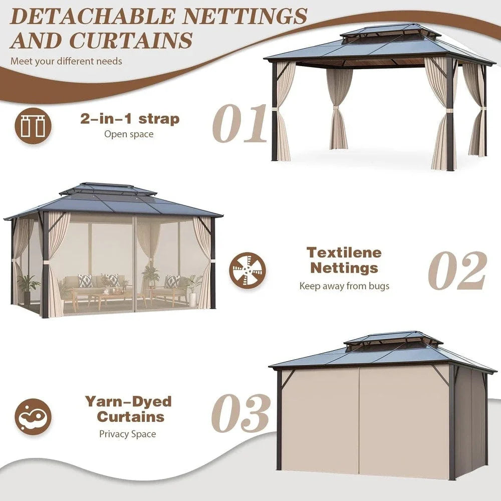 EROMMY Hardtop-Pavillon, Outdoor-Pergola mit Doppeldach & Netzen & Vorhängen, Hochleistungs-Canopy für Terrasse, Garten, Poolparty