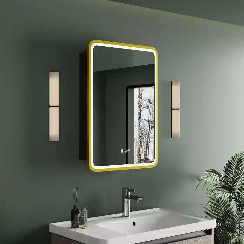 Schwarzer / Weißer / Goldener LED-Spiegelschrank, einzelne Tür, links- oder rechts angeschlagen, Einbau- oder Wandmontage