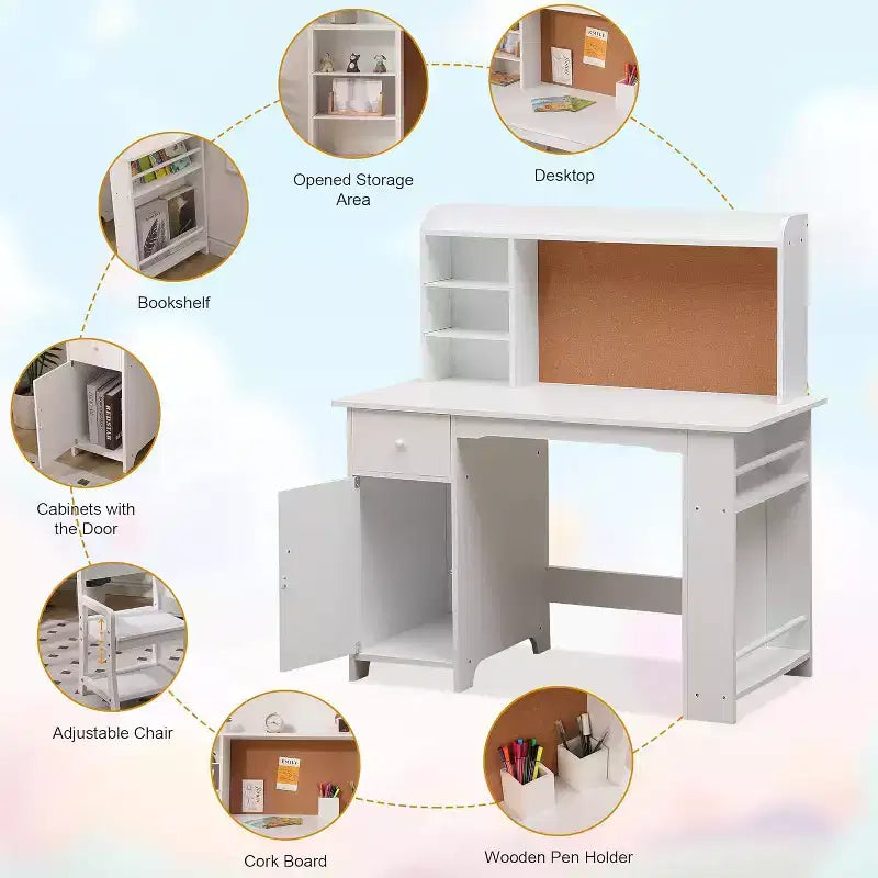 Kinderschreibtisch, Schreibtisch- und Stuhlset für Jungen und Mädchen, Holzkinder-Schreibtisch mit Bücherregal, Pinnwand, Schrank und Schublade für Kinder von 3-8 Jahren