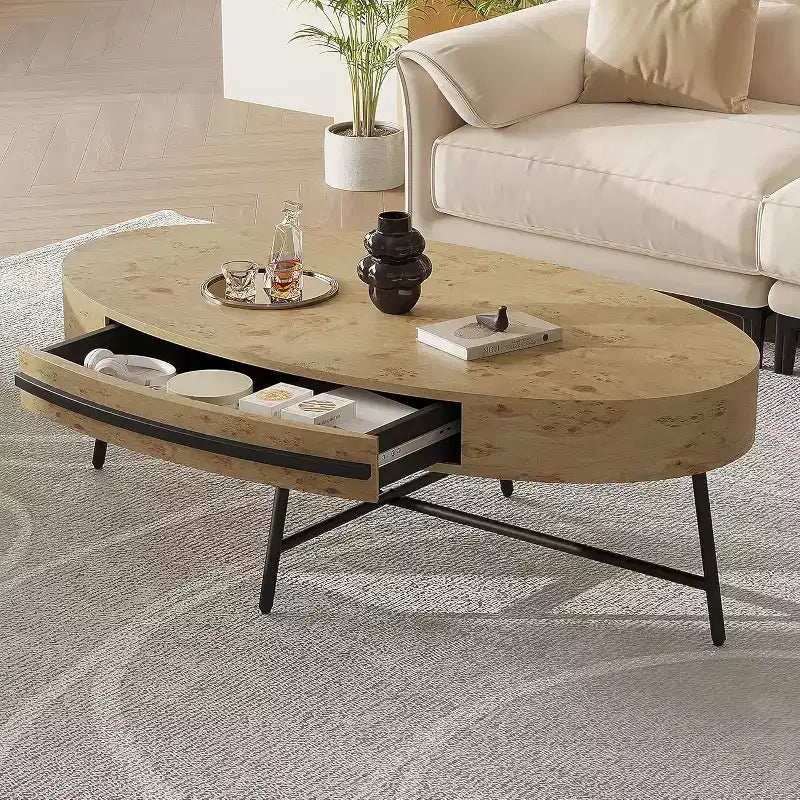 Acekool Ovaler Couchtisch mit Schublade, 120 cm Holz-Ablagetisch mit gekreuzten Metallbeinen, Mid-Century Modern Beistelltisch in Natur & Golden Willow