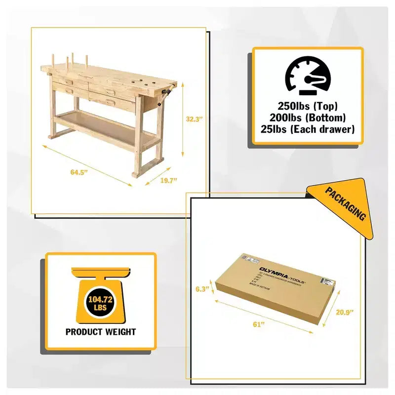 Olympia Tools 60 Gummi-Hartholz-Werkbank, 4 Schubladen, 204 kg Tragkraft