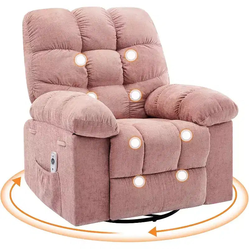 Massage-Liegesessel mit Heizfunktion – 360° drehbarer Schaukelstuhl, überdimensioniertes Einzelsitzer-Sofa mit Vibration, USB-Anschluss und Aufbewahrungstaschen für Wohnzimmer/Schlafzimmer