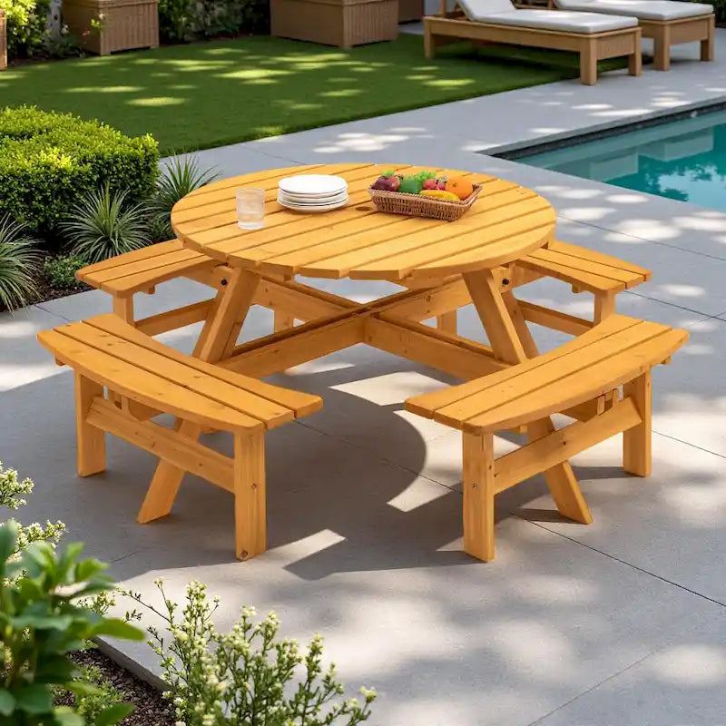 8-Personen Outdoor-Picknick-Esstisch-Garnitur aus Tannenholz, rund, mit 4 integrierten Bänken und Sonnenschirmloch