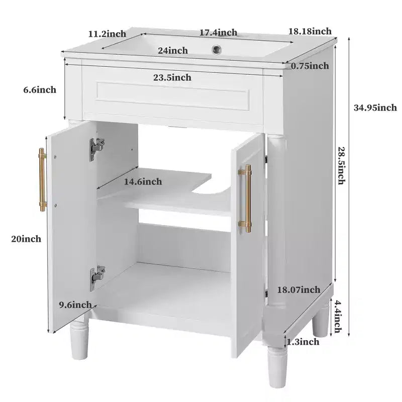 24-Zoll-Badezimmerwaschtisch mit Keramikwaschbecken, Shaker-Schrank, 2 Soft-Close-Türen, Massivholzrahmen für kleines Bad oder Gästetoilette