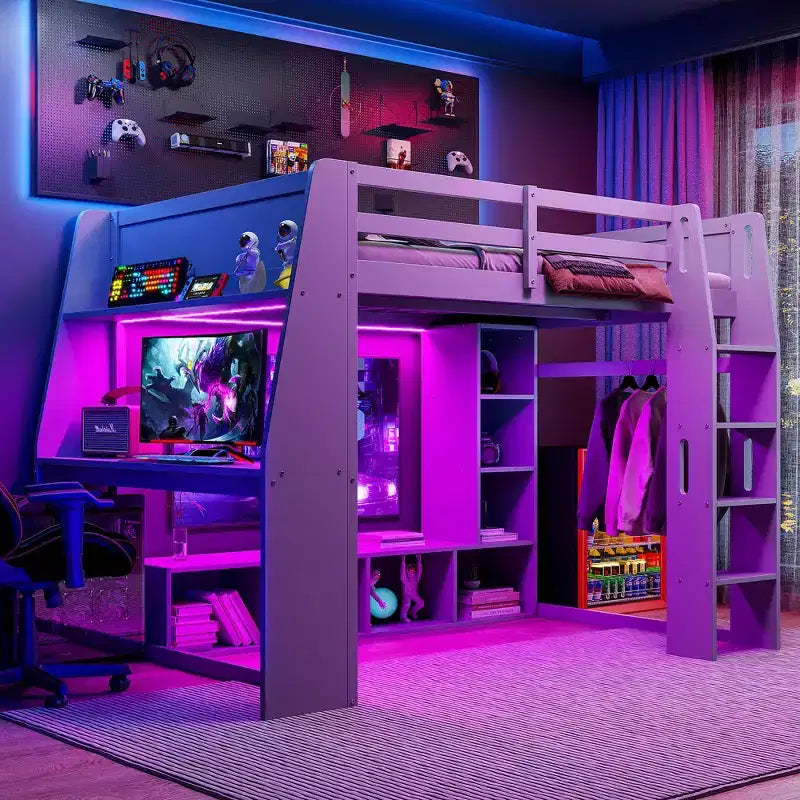 Whisen Wood Gaming-Hochbett (Twin Size) mit Schreibtisch, mehreren Ablagefächern, LED-Beleuchtung und einer Kleiderstange