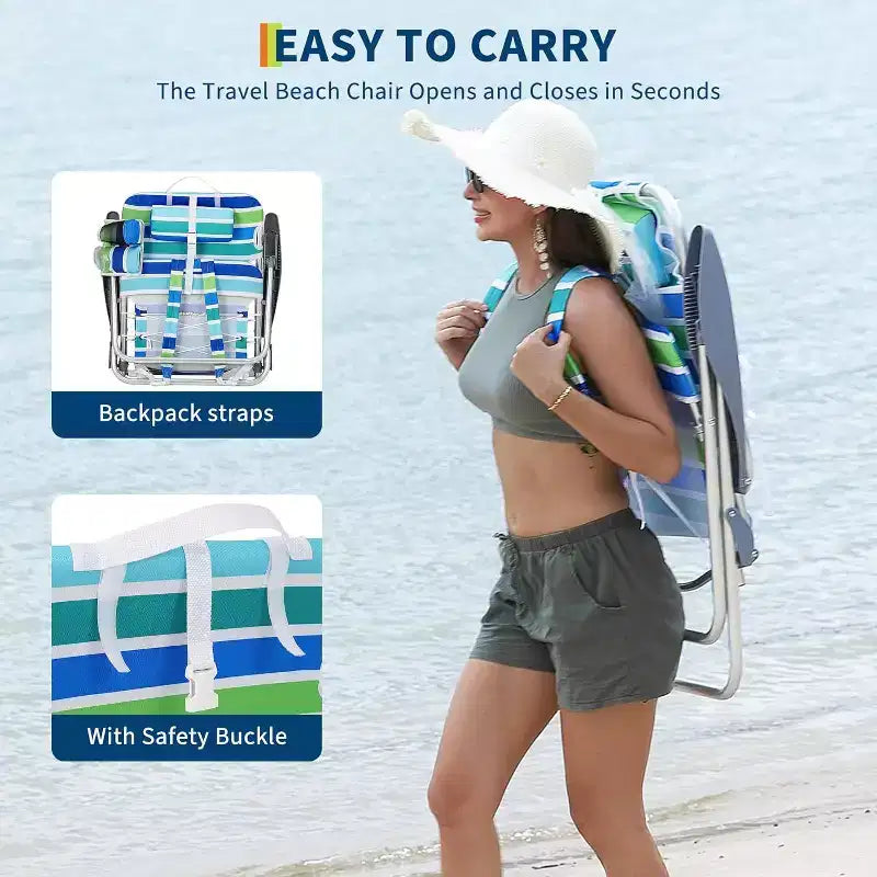 Acekool 2er-Pack leichter Rucksack-Strandstuhl, faltbarer Liegestuhl mit 5 Positionen für Erwachsene mit Gurten, Getränkehalter und Handtuchstange, belastbar bis 136 kg