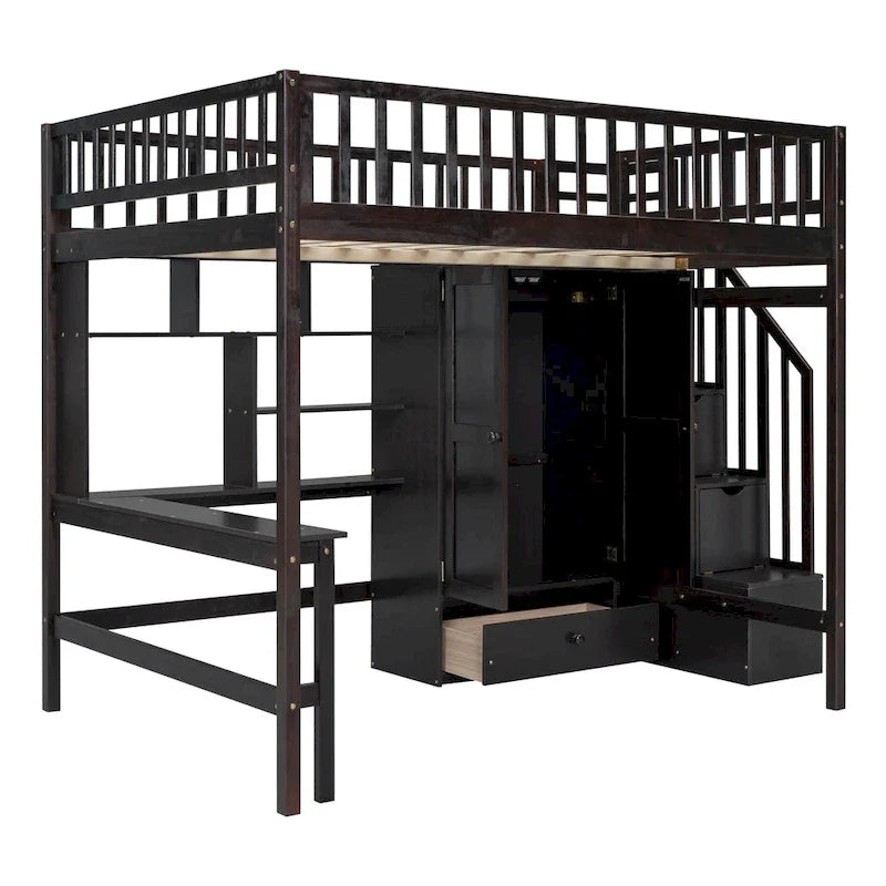 Kiefer-Hochbett mit Schreibtisch und Stauraum