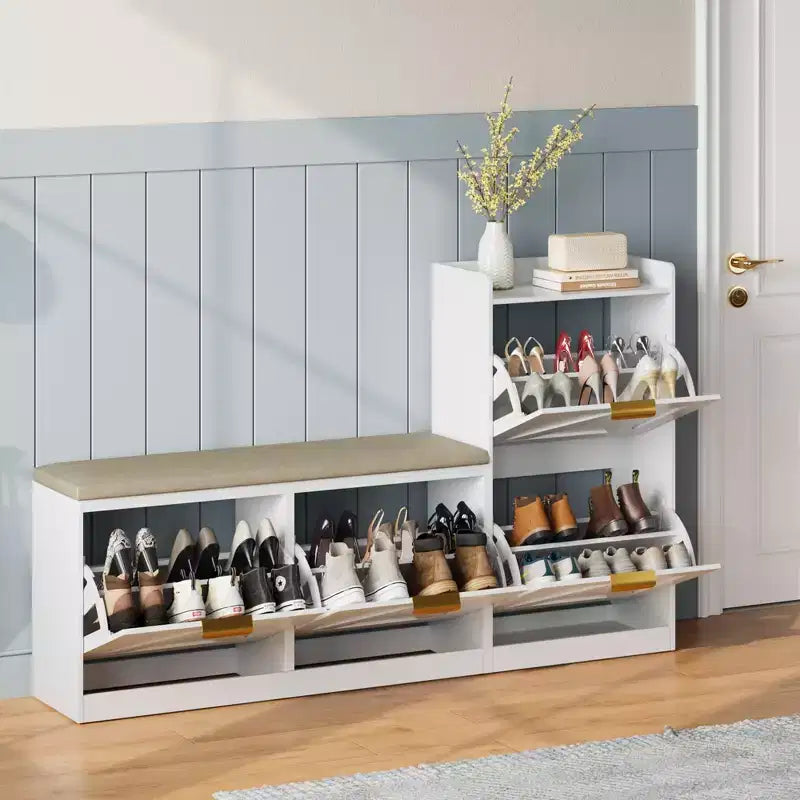 Schuhaufbewahrungsbank mit 5 aufklappbaren Schubladen & Etagenregal, Schuhschrank-Organizer für 18 Paar Schuhe mit gepolstertem Sitz, schmales Schuhregal für den Flur